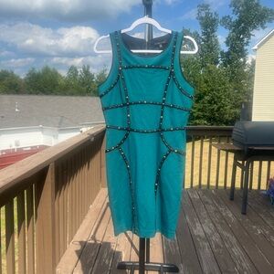 Cynthia Steffens sleeveless short dress with embellishments blue green black 8